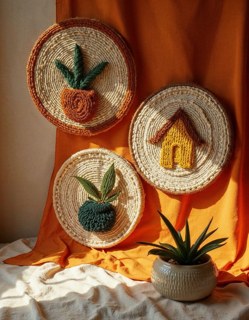 Four handwoven circular wall pieces featuring a sun, a potted plant with a striped pot, and a small house, mounted on a neutral wall with natural lighting.
