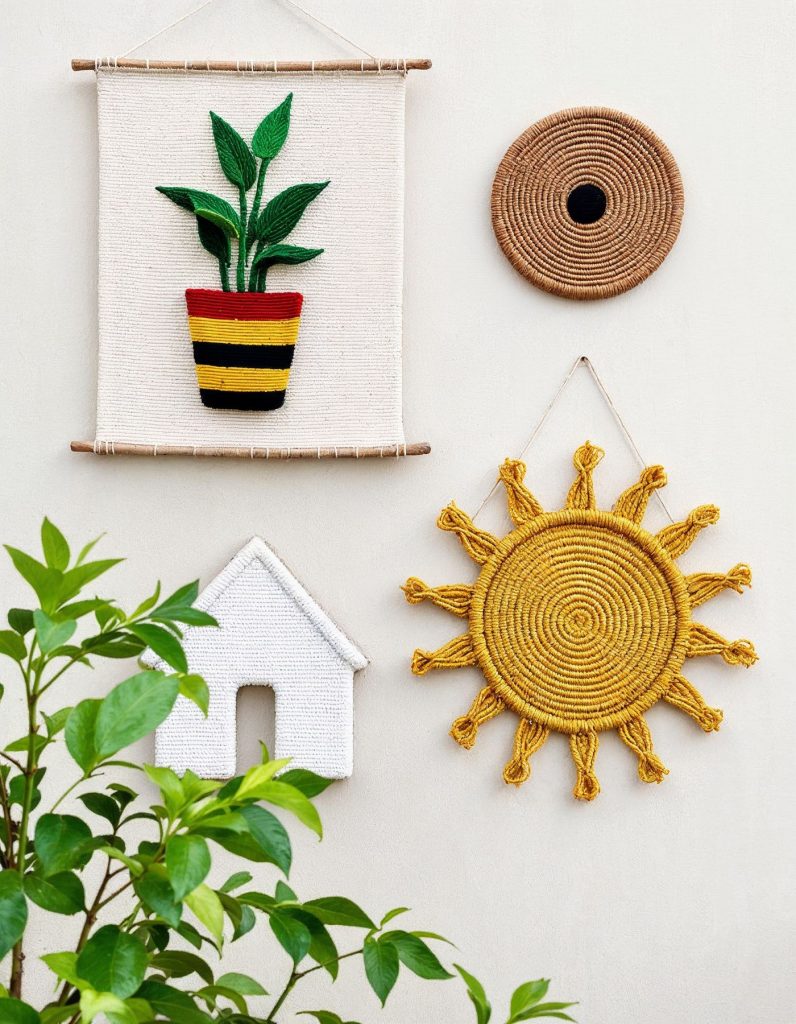 Handwoven wall hangings featuring a sun, a colorful potted plant, and a circular eye motif, displayed against a white wall with green plants in the foreground.